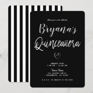 Schwarz-Weiß-Gestreift Silver Heart 15 Quinceañera Einladung
