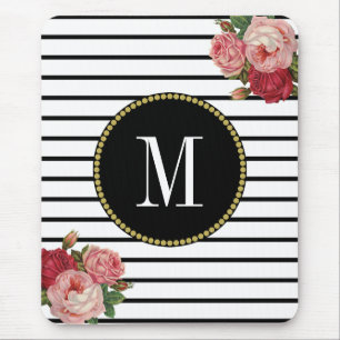 Schwarz-weiß gestreifte Antiquität Boho floral Mon Mousepad