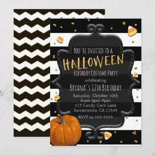 Schwarz-weiß gestreifte Halloween-Party mit Candy  Einladung