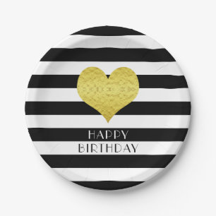 Schwarz-Weiß gestreifte Happy Birthday Gold-Herz Pappteller
