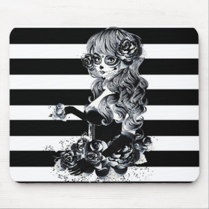 Schwarz-weiß gestreifte hübsche Zucker-Schädel-Gir Mousepad