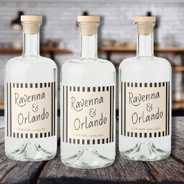 Schwarz-weiß gestreifte Retro-Minimalist-Hochzeit Alkoholflaschenetikett