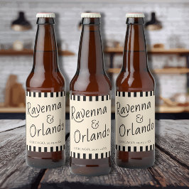 Schwarz-weiß gestreifte Retro-Minimalist-Hochzeit Bierflaschenetikett