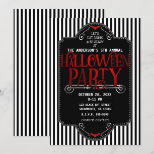 Schwarz-Weiß-Gestreifte Rote Gothic-Halloween-Part Einladung