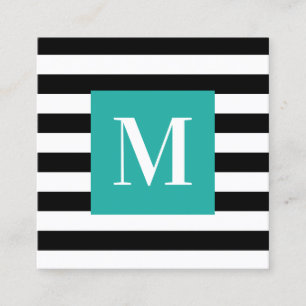 Schwarz-weiß gestreifte Türkis-Monogramm Quadratische Visitenkarte
