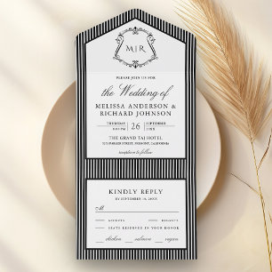 Schwarz-weiß gestreifte Wappen-Monogramm-Hochzeit All In One Einladung