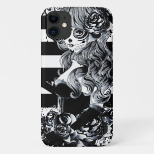 Schwarz-Weiß gestreifter Tag-der-Toten-Zuckerschäd Case-Mate iPhone Hülle