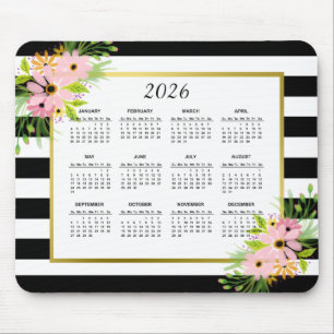 Schwarz-weiß gestreiftes Blumengold   Kalender 202 Mousepad