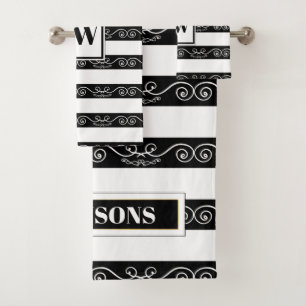 Schwarz-weiß gestreiftes Monogramm Badhandtuch Set