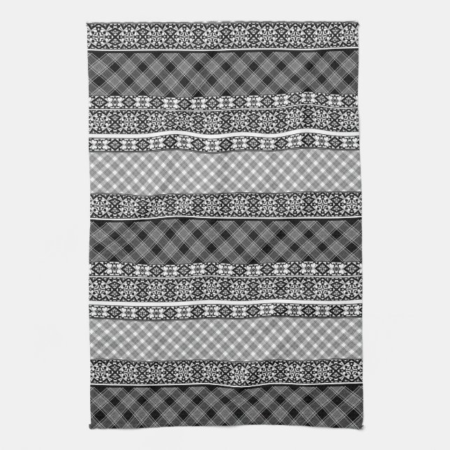 Schwarz-weiß gestreiftes Patchwork mit Spitze Geschirrtuch (Vertikal)