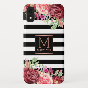 Schwarz-weiß gestrichelte Rose mit Floral Monogram Case-Mate iPhone Hülle