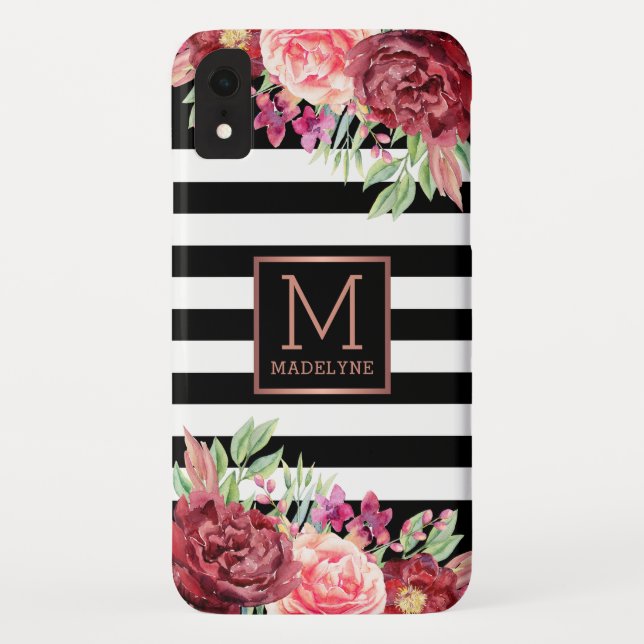 Schwarz-weiß gestrichelte Rose mit Floral Monogram Case-Mate iPhone Hülle (Rückseite)