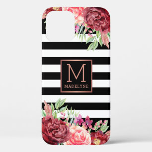 Schwarz-weiß gestrichelte Rose mit Floral Monogram Case-Mate iPhone Hülle