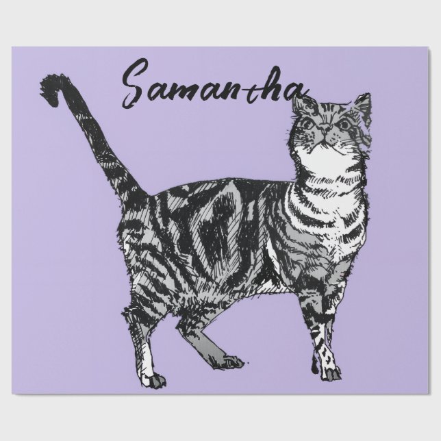 Schwarz-weiß getigerte Katzen Mädchen Name Lila  Geschenkpapier (Flach)