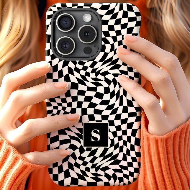 Schwarz-Weiß gewelltes kariertes Monogramm Case-Mate iPhone Hülle (Von Creator hochgeladen)