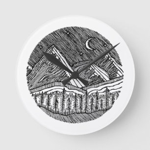 Schwarz-weiß gezeichnete runde Alpenlandschaft Wanduhr