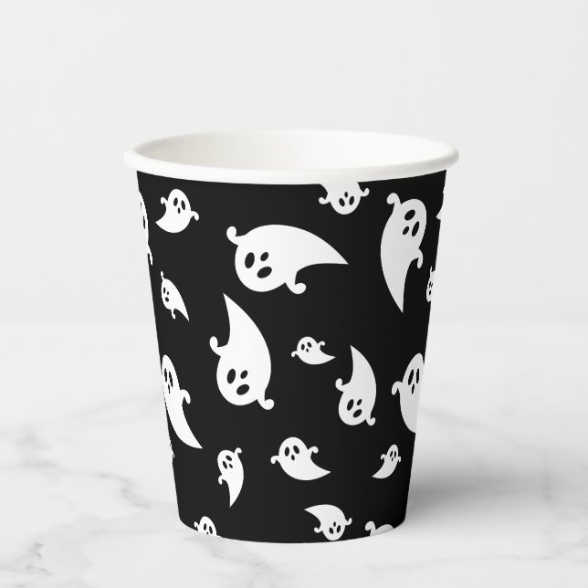 Schwarz-Weiß-Ghost-Muster Halloween Pappbecher (Vorderseite)