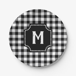Schwarz-Weiß-Gingham Buffalo-Karo Monogramm Pappteller