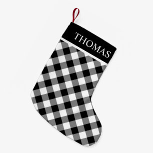 Schwarz-weiß Gingham Individuelle Name Kleiner Weihnachtsstrumpf