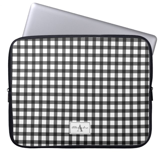 Schwarz-weiß Gingham Kariert Checked Pattern Monog Laptopschutzhülle (Vorderseite)