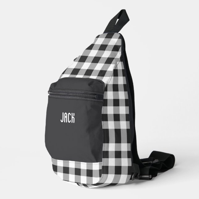 Schwarz-Weiß-Gingham-Karo-Monogramm  Crossbody Bag (Rechte Ecke)