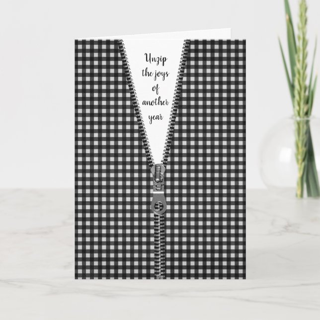 Schwarz-Weiß-Gingham mit Zipper zum Geburtstag Karte (Vorderseite)