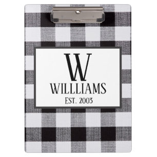 Schwarz-Weiß-Gingham Monogram-Familie Jahr Klemmbrett