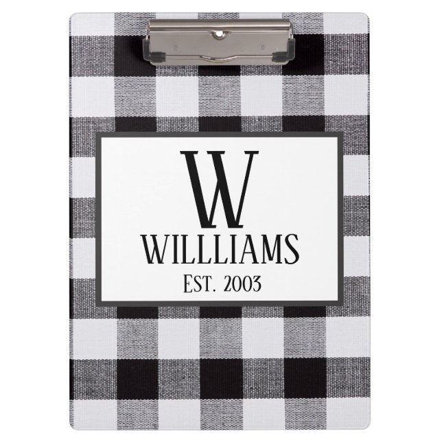 Schwarz-Weiß-Gingham Monogram-Familie Jahr Klemmbrett (Vorderseite)