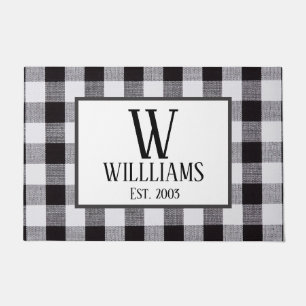 Schwarz-Weiß-Gingham Monogram-Familienname Jahr  Fußmatte