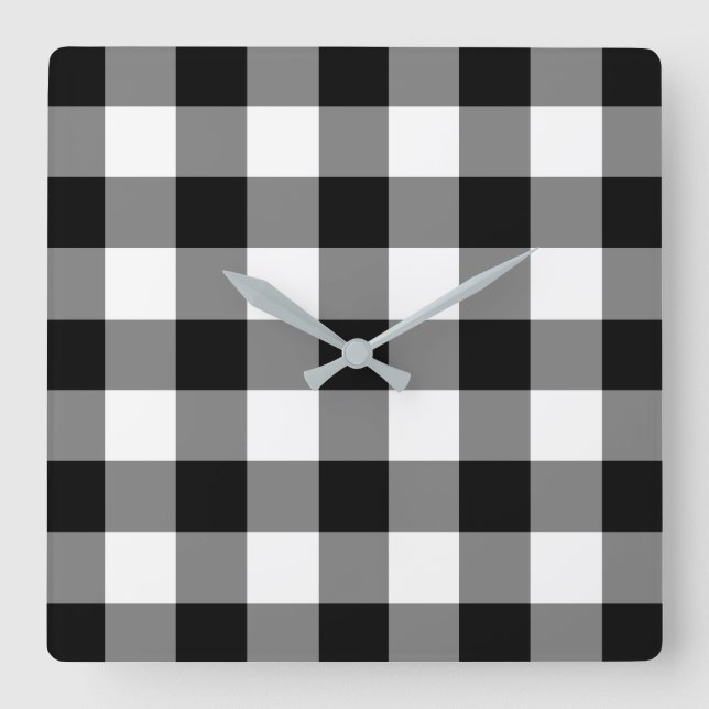 Schwarz-Weiß-Gingham-Muster Quadratische Wanduhr (Vorderseite)