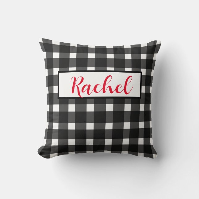 Schwarz-weiß Gingham Personalisiert Kissen (Vorderseite)
