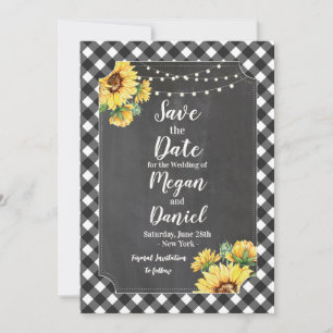 Schwarz-weiß Gingham Sunflower Chalk Save the Date