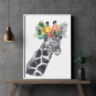 Schwarz-Weiß-Giraffe in Blume Kronentier Poster