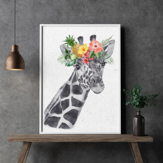 Schwarz-Weiß-Giraffe in Blume Kronentier Poster