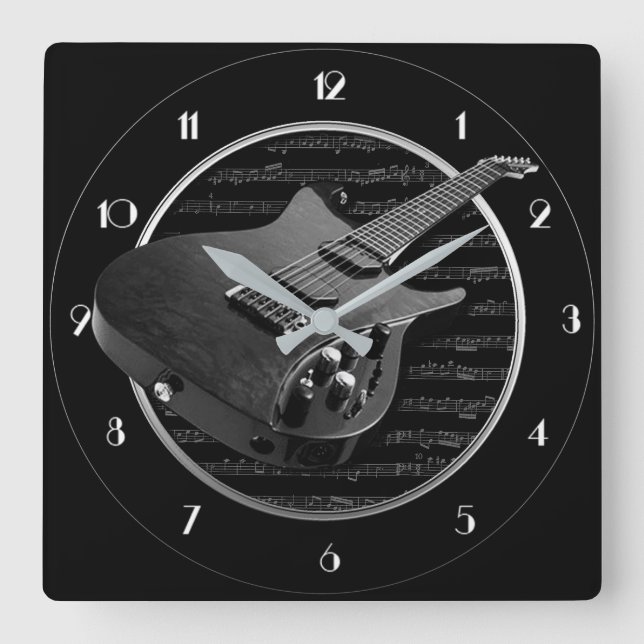 Schwarz-Weiß-Gitarren-Quadrat-Uhr Quadratische Wanduhr (Vorderseite)