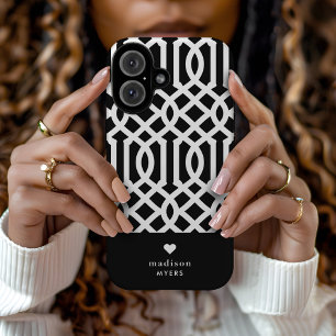 Schwarz-Weiß-Gitter-Herz-Monogramm iPhone 16 Hülle