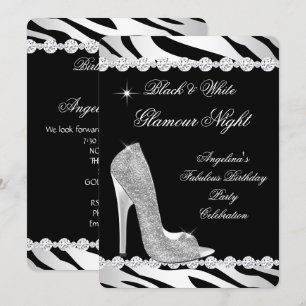 Schwarz Weiß Glamour Nacht Zebra Glitter Absatzsch Einladung