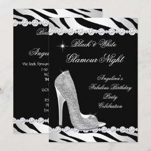 Schwarz Weiß Glamour Nacht Zebra Glitter Absatzsch Einladung