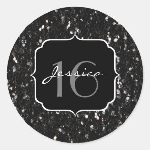 Schwarz-Weiß glänzende Glitzer Glitzern Sweet 16 Runder Aufkleber