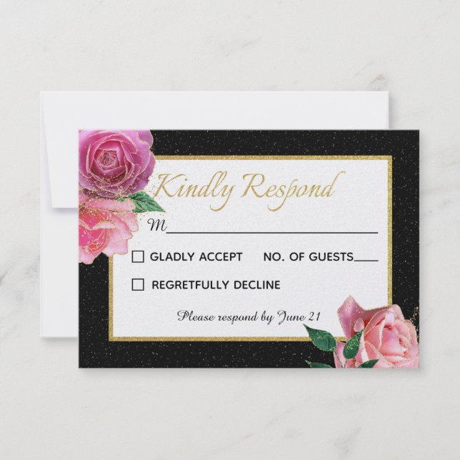Schwarz-Weiß-Glitzer- und Rosenhochzeit RSVP Karte (Vorderseite)