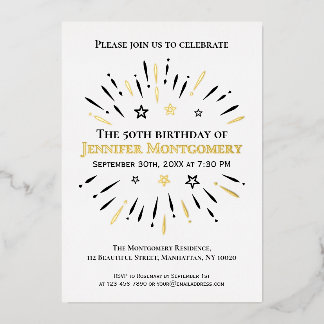 Schwarz-weiß Gold 50. Geburtstagspartei Feuerwerk Folieneinladung