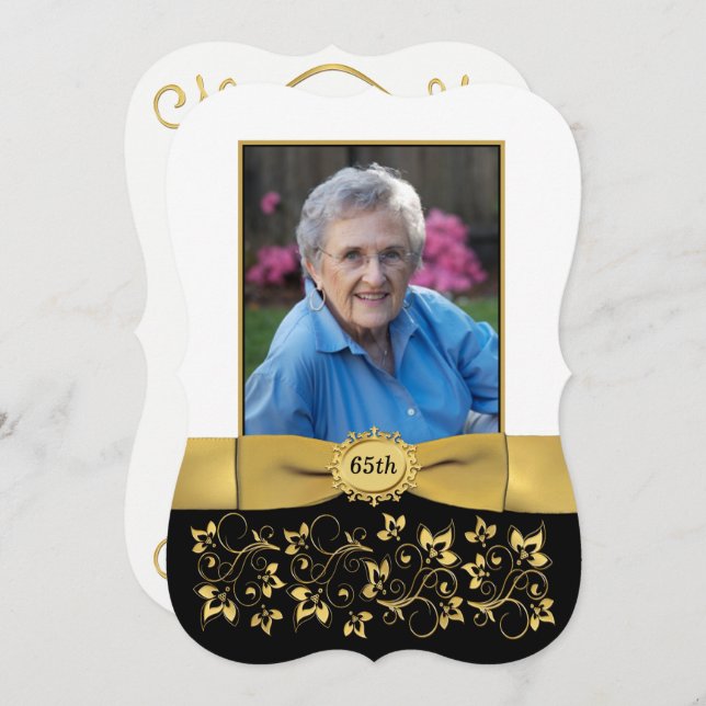 Schwarz, Weiß, Gold 65. Foto Geburtstag Einladung  (Vorne/Hinten)