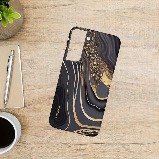 Schwarz-weiß Gold Agate Mit Monogramm Linear Samsung Galaxy Hülle (Von Creator hochgeladen)