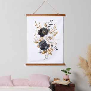 Schwarz Weiß Gold Aquarell Blumen Wandteppich Mit Holzrahmen