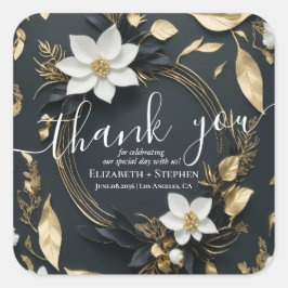 Schwarz-weiß & Gold Blumenzeremonie Vielen Dank Quadratischer Aufkleber