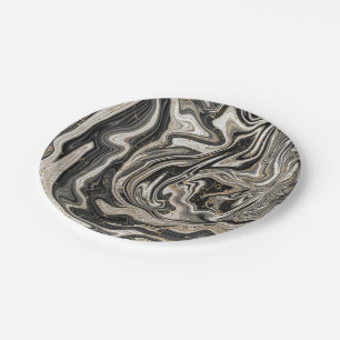 Schwarz-weiß-Gold-Chic-Swirl Moderne Hochzeit Pappteller