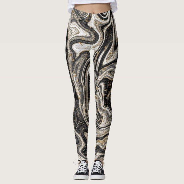 Schwarz-weiß & Gold Chic Swirl Moderner Abstrakt Leggings (Vorderseite)