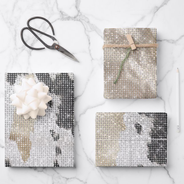 Schwarz-weiß Gold Cowhide Cowgirl Sparkle Geburtst Geschenkpapier Set (Vorderseite)