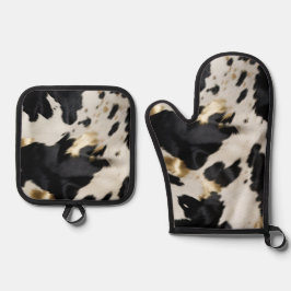 Schwarz-weiß Gold Cowhide Ofenhandschuh & Topflappen-Set