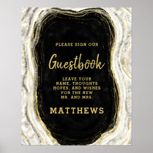 Schwarz Weiß & Gold Geode Achat Gästebuch Schild